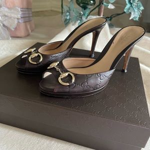 Gucci Dark Brown Guccissima Leather Horsebit Peep Toe Mules